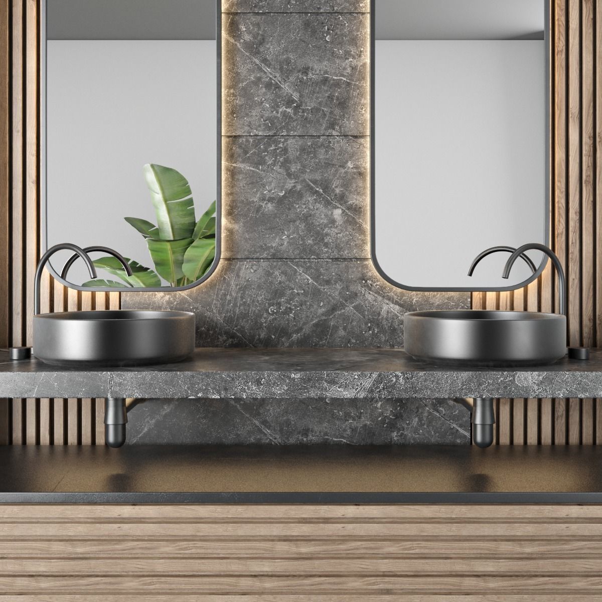 bathroom furniture - wood and stone wall  3D model_2