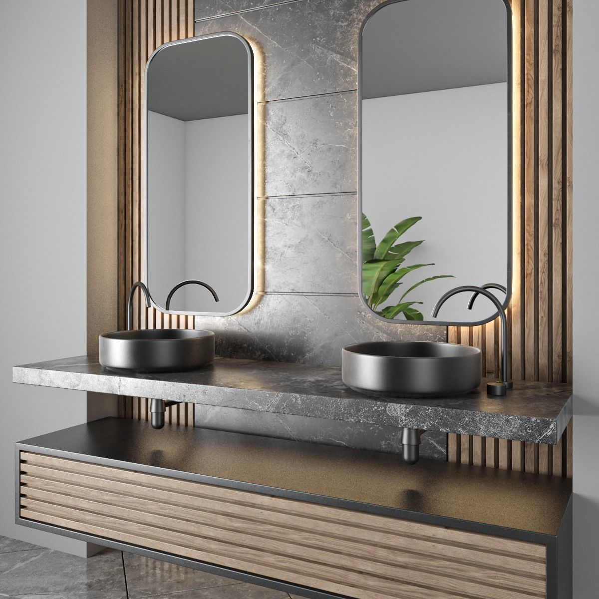 bathroom furniture - wood and stone wall  3D model_3