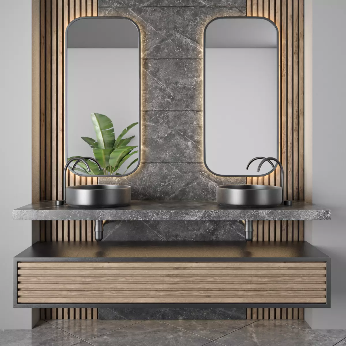 bathroom furniture - wood and stone wall  3D model_0