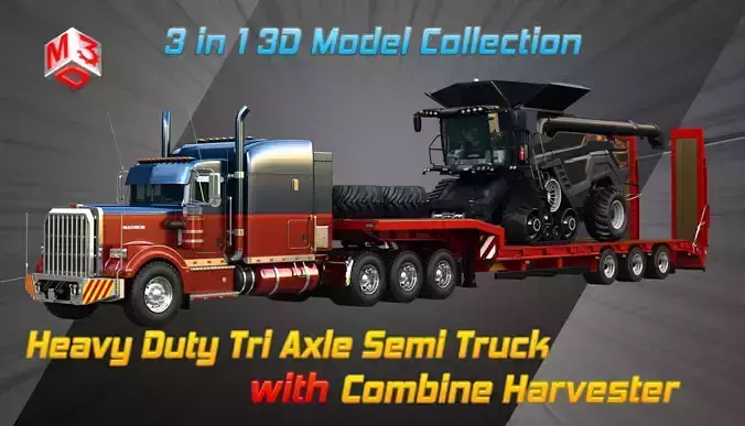 57P Heavy Duty 3-Axle Semi Truck with Combine Harvester  3 in 1 3D Model Collection