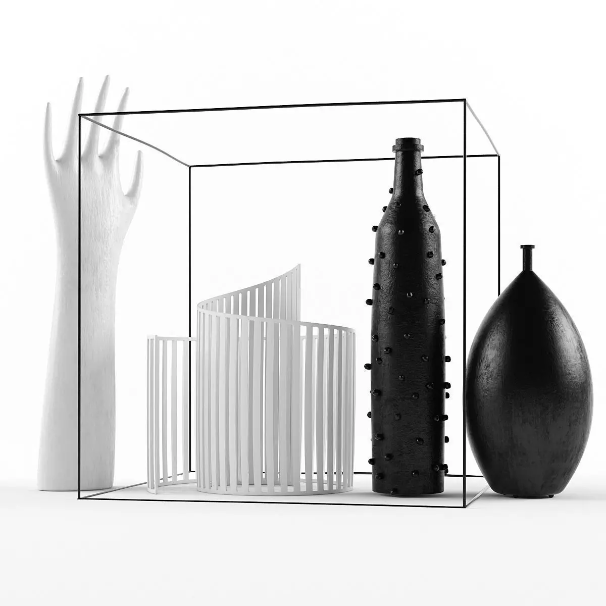 Decoration Set objects in glass cube 3D model_0