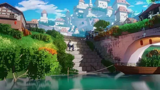 blender anime village town scene 3D model