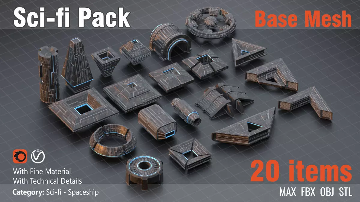 Sci-fi Pack Base Mesh Low-poly 3D model_0