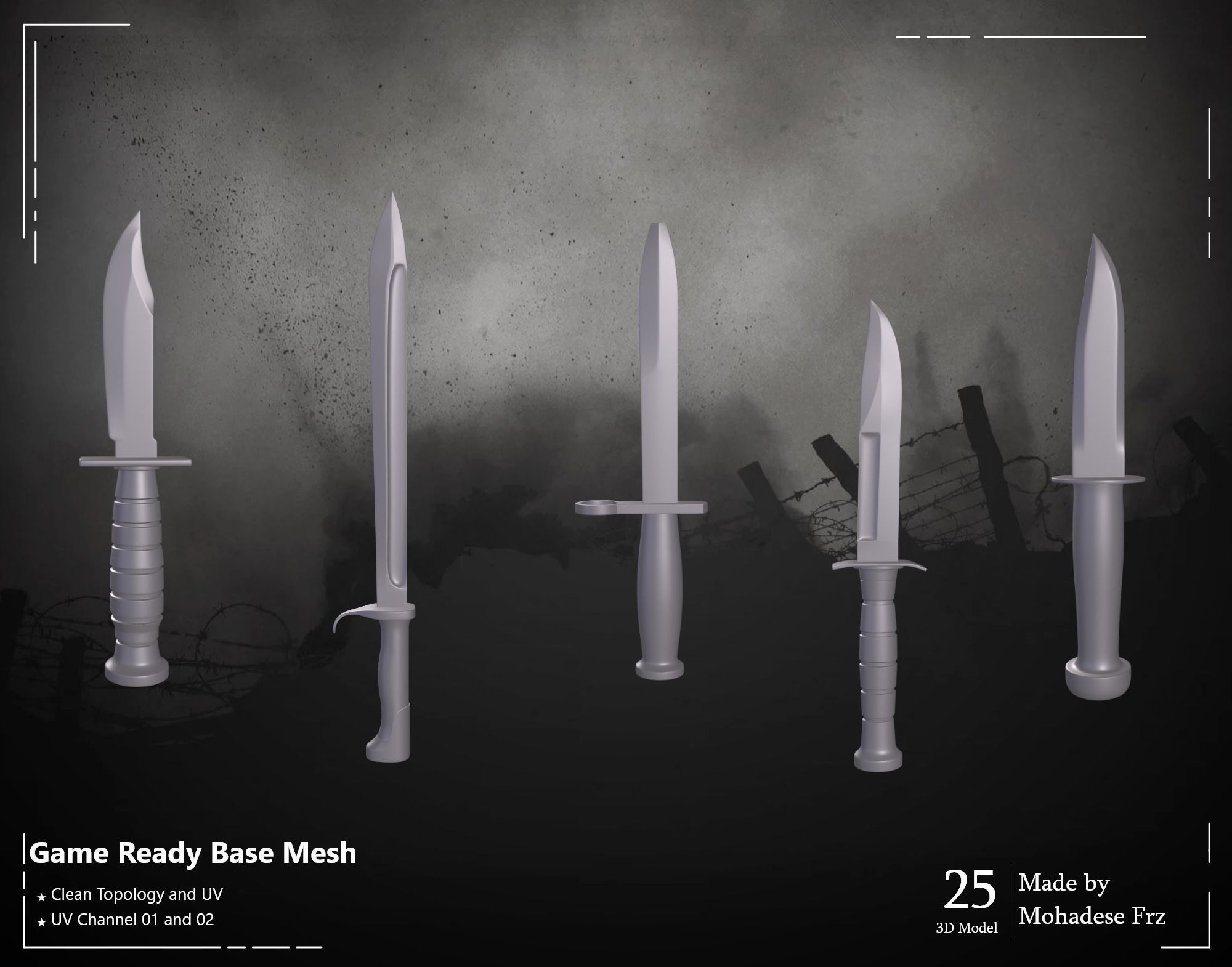 25 3D Model Knife WW12 Base Mesh - VOL 04 - Game Ready Low-poly 3D model_7