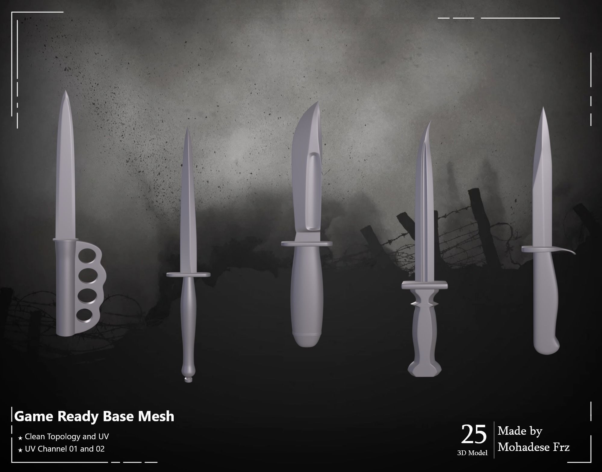25 3D Model Knife WW12 Base Mesh - VOL 04 - Game Ready Low-poly 3D model_6