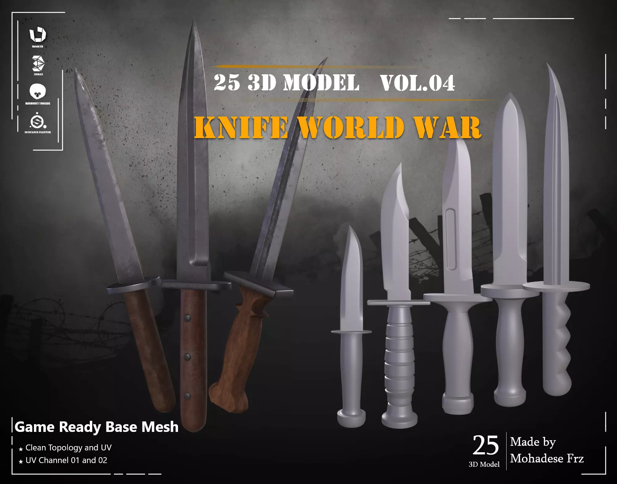 25 3D Model Knife WW12 Base Mesh - VOL 04 - Game Ready Low-poly 3D model_0