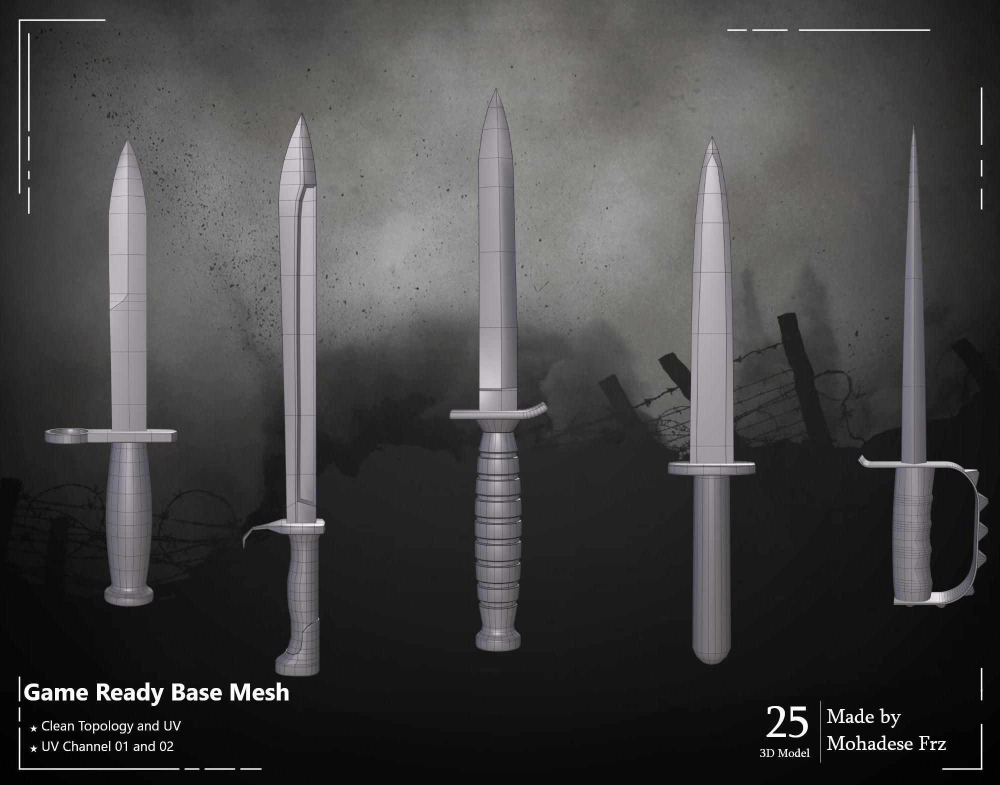 25 3D Model Knife WW12 Base Mesh - VOL 04 - Game Ready Low-poly 3D model_3