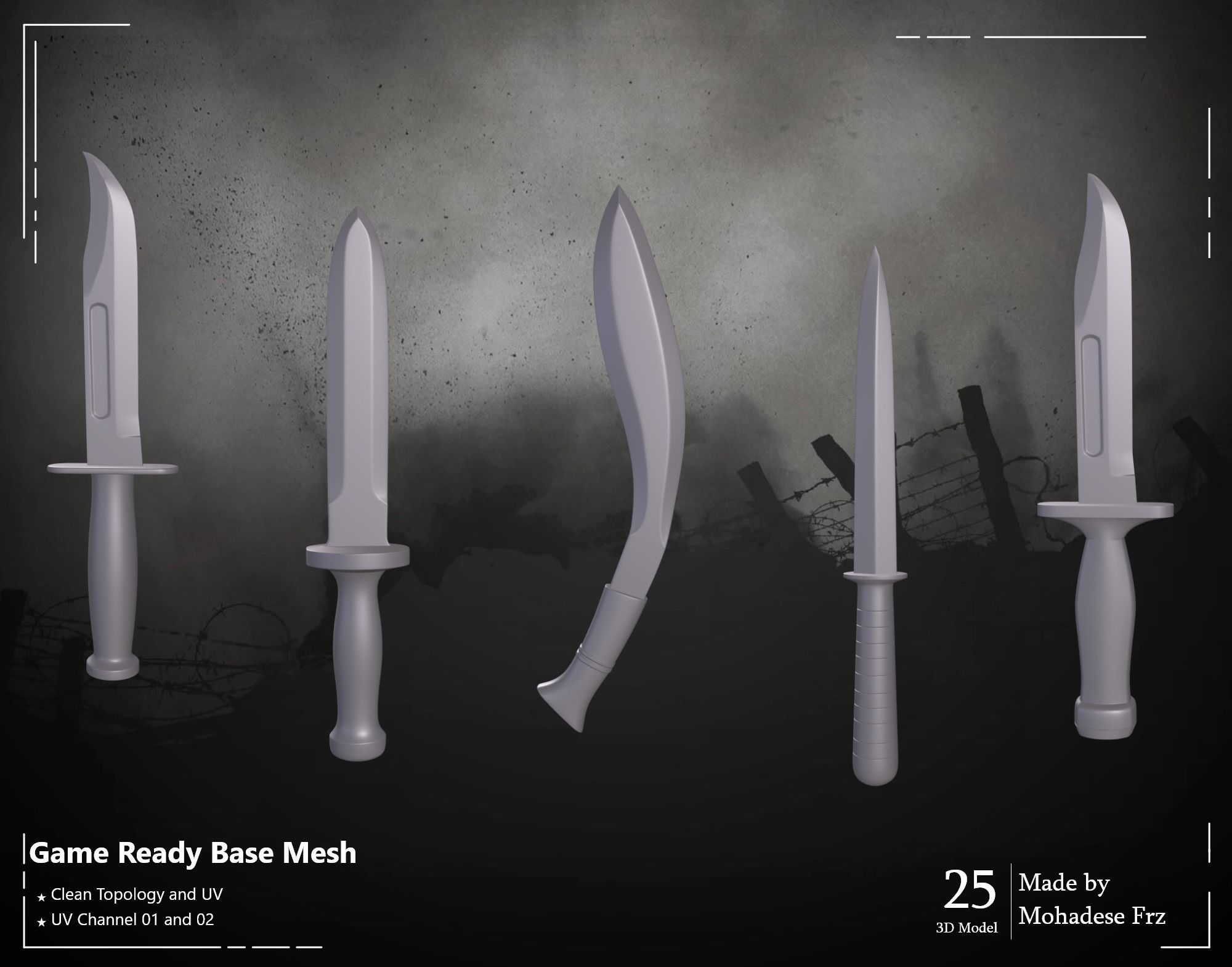 25 3D Model Knife WW12 Base Mesh - VOL 04 - Game Ready Low-poly 3D model_4