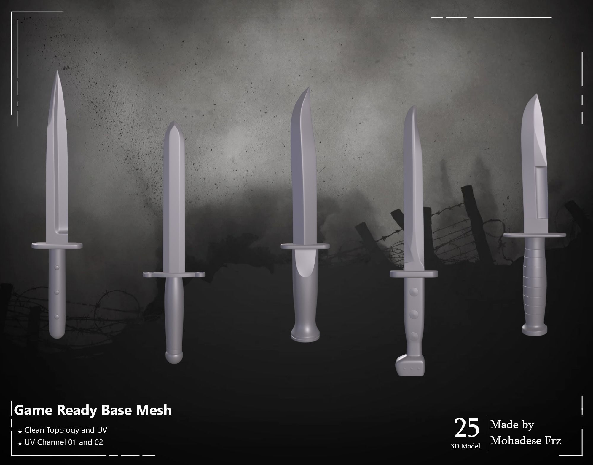 25 3D Model Knife WW12 Base Mesh - VOL 04 - Game Ready Low-poly 3D model_5