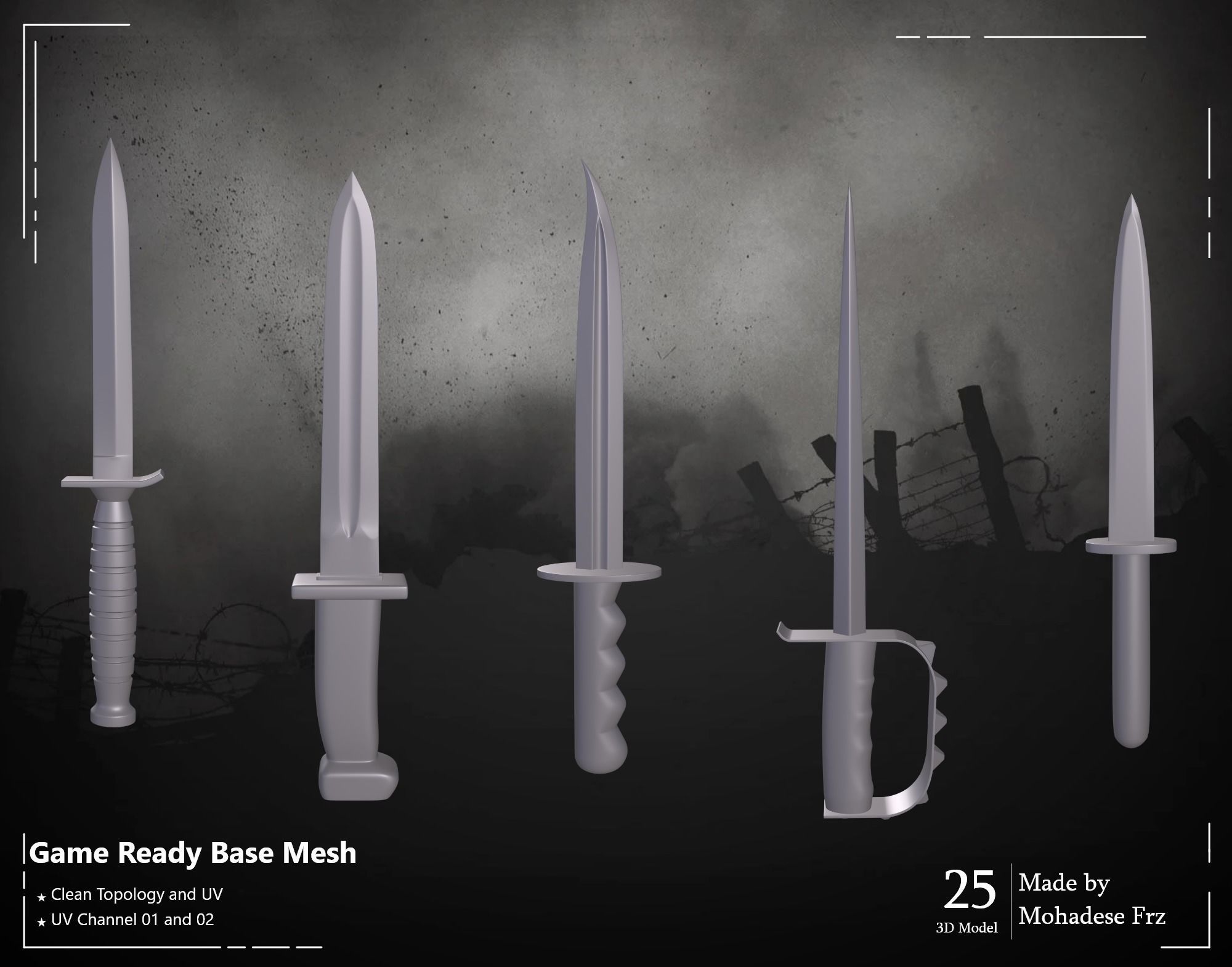 25 3D Model Knife WW12 Base Mesh - VOL 04 - Game Ready Low-poly 3D model_8