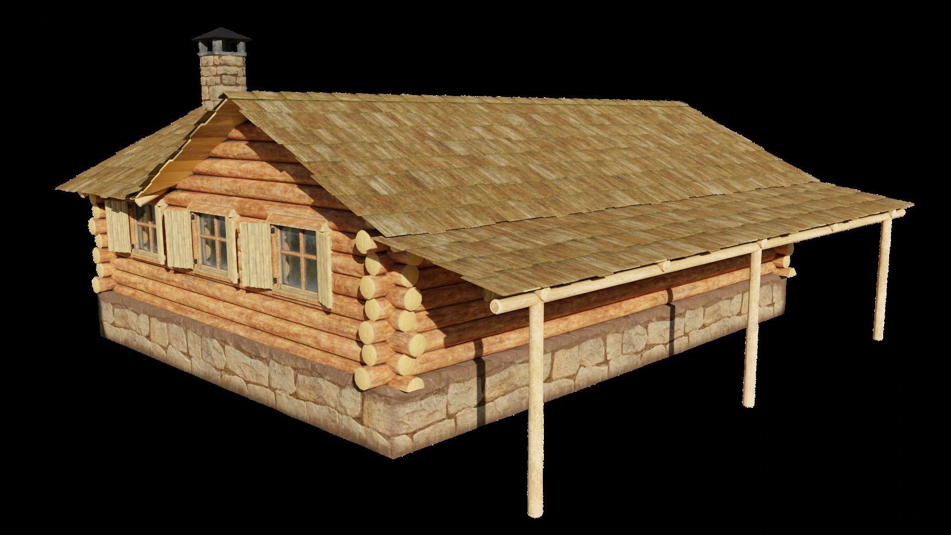Medium Log Cabin with Interior Fireplace Doors and Windows Low-poly 3D model_2