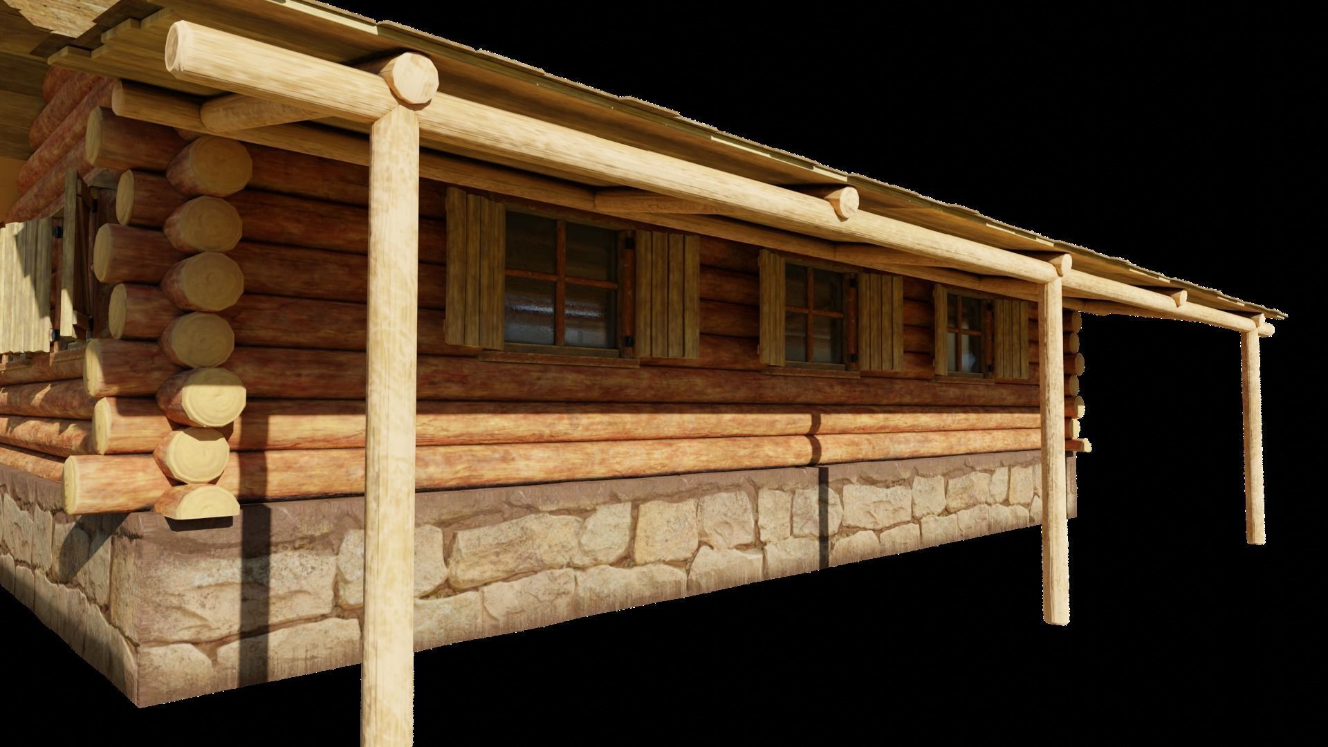 Medium Log Cabin with Interior Fireplace Doors and Windows Low-poly 3D model_6