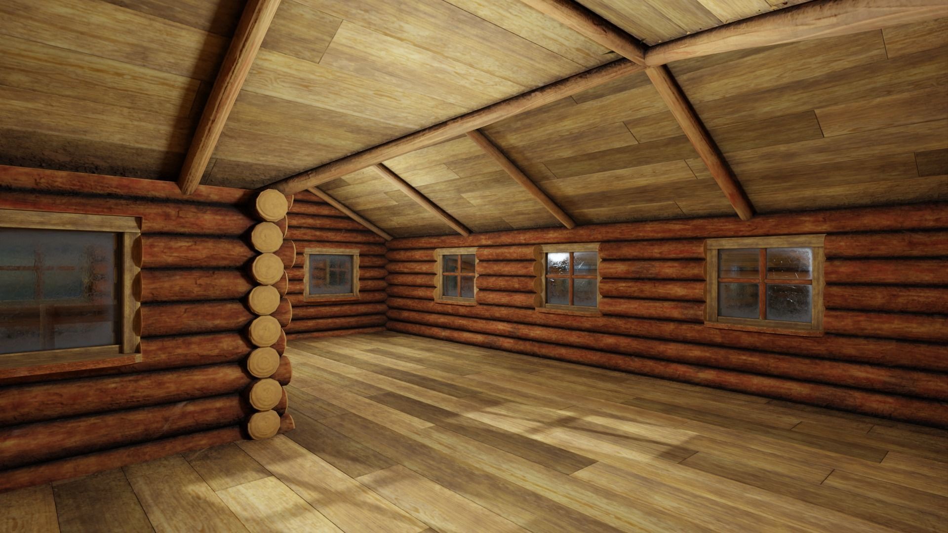 Medium Log Cabin with Interior Fireplace Doors and Windows Low-poly 3D model_9