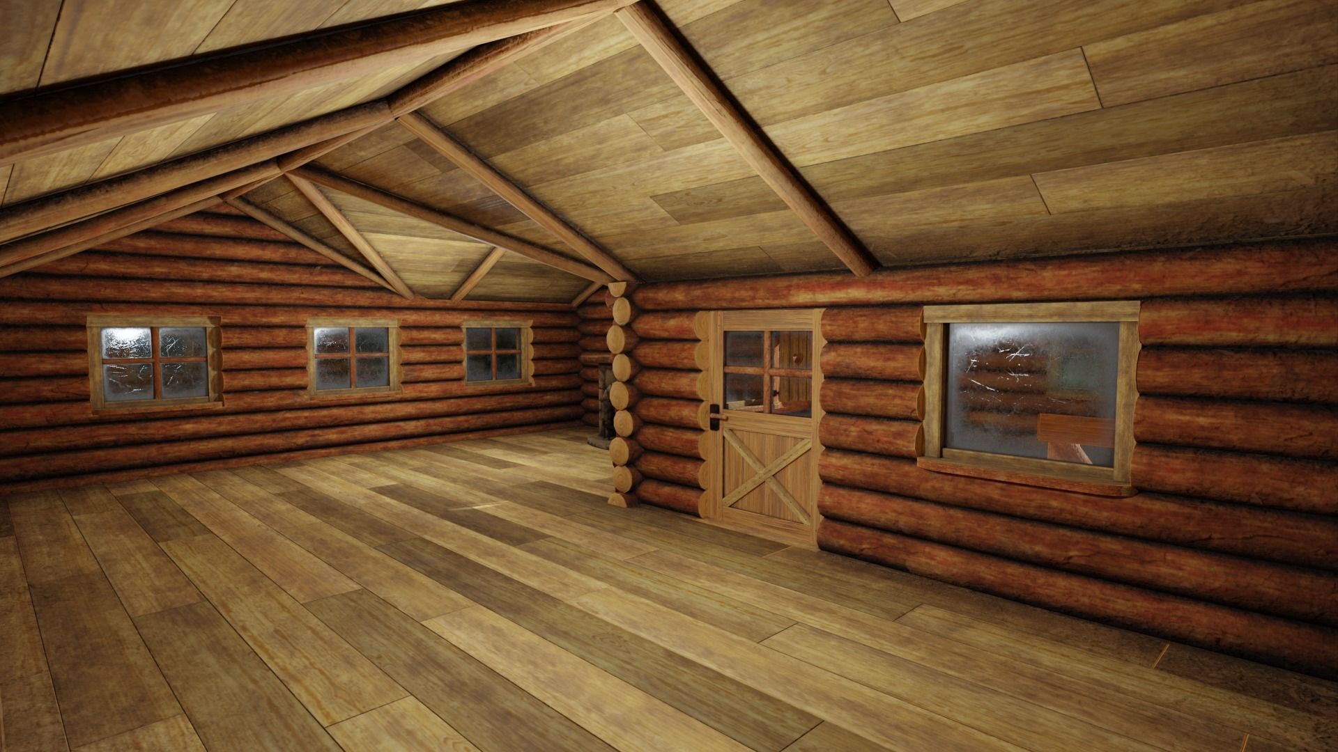 Medium Log Cabin with Interior Fireplace Doors and Windows Low-poly 3D model_3