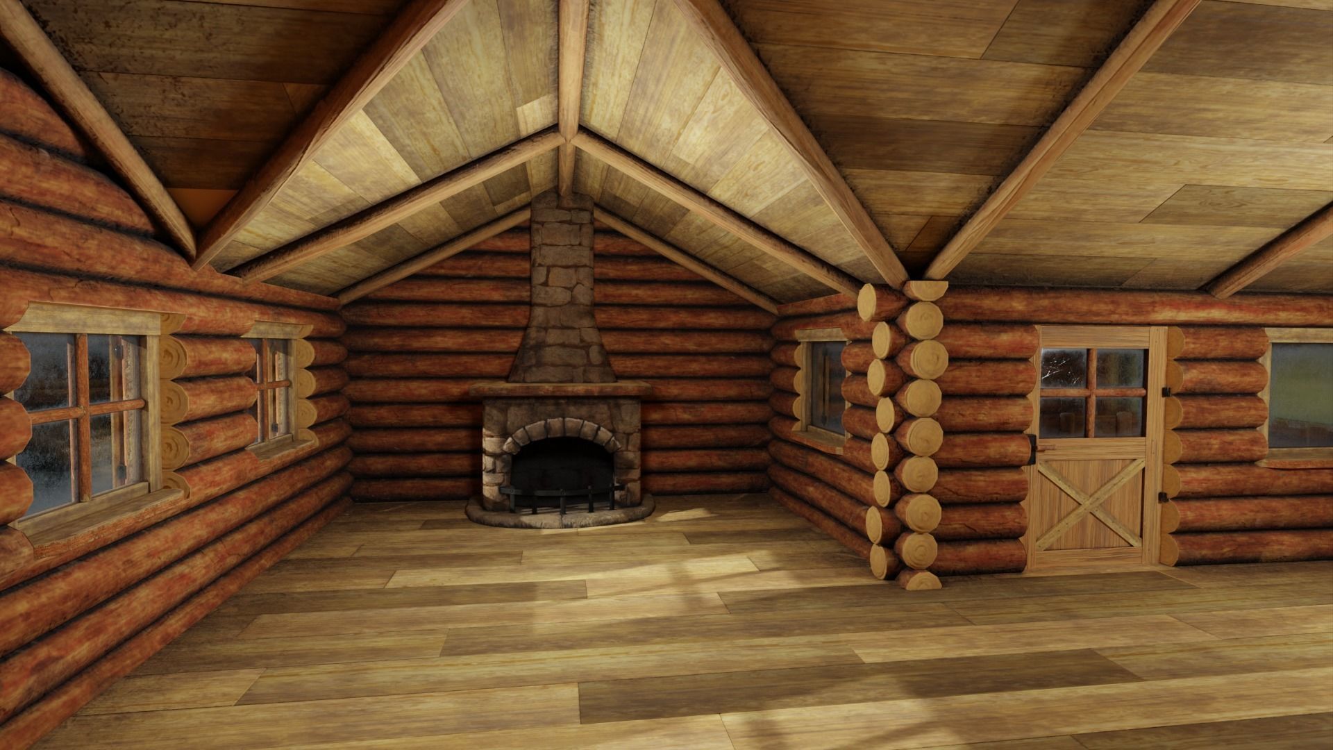 Medium Log Cabin with Interior Fireplace Doors and Windows Low-poly 3D model_8