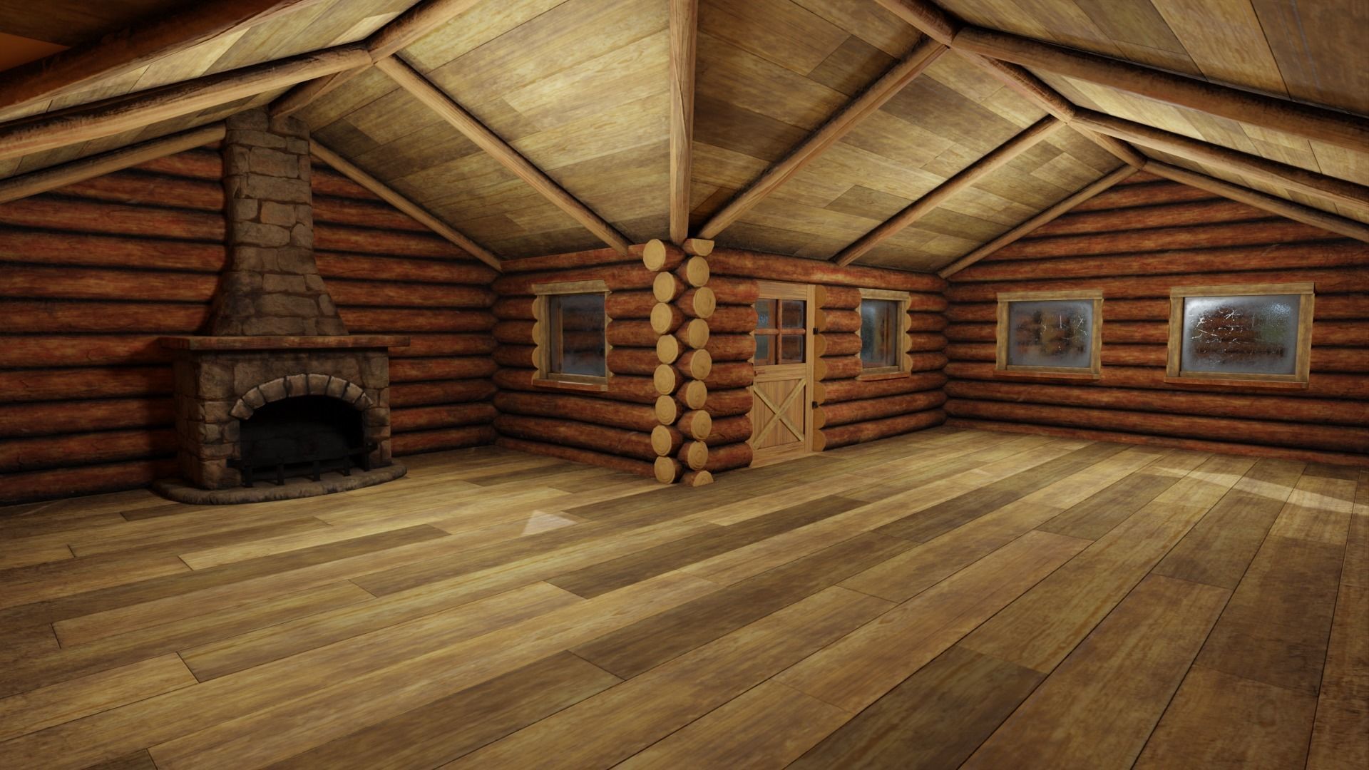 Medium Log Cabin with Interior Fireplace Doors and Windows Low-poly 3D model_4