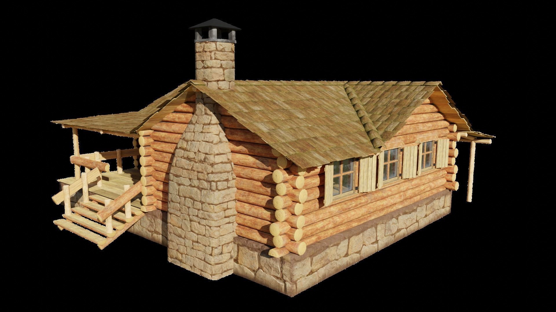 Medium Log Cabin with Interior Fireplace Doors and Windows Low-poly 3D model_7