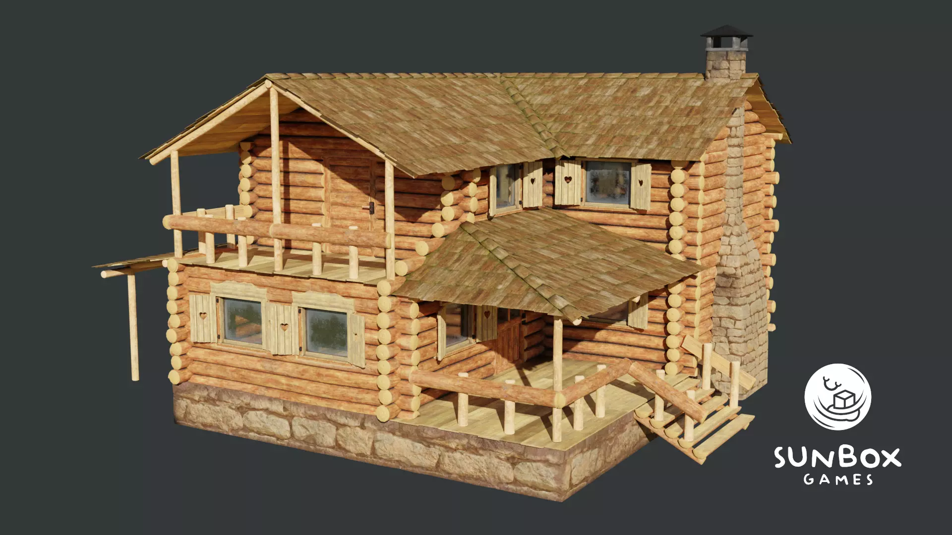 Large Log Cabin with Interior Fireplace Doors and Windows Low-poly 3D model