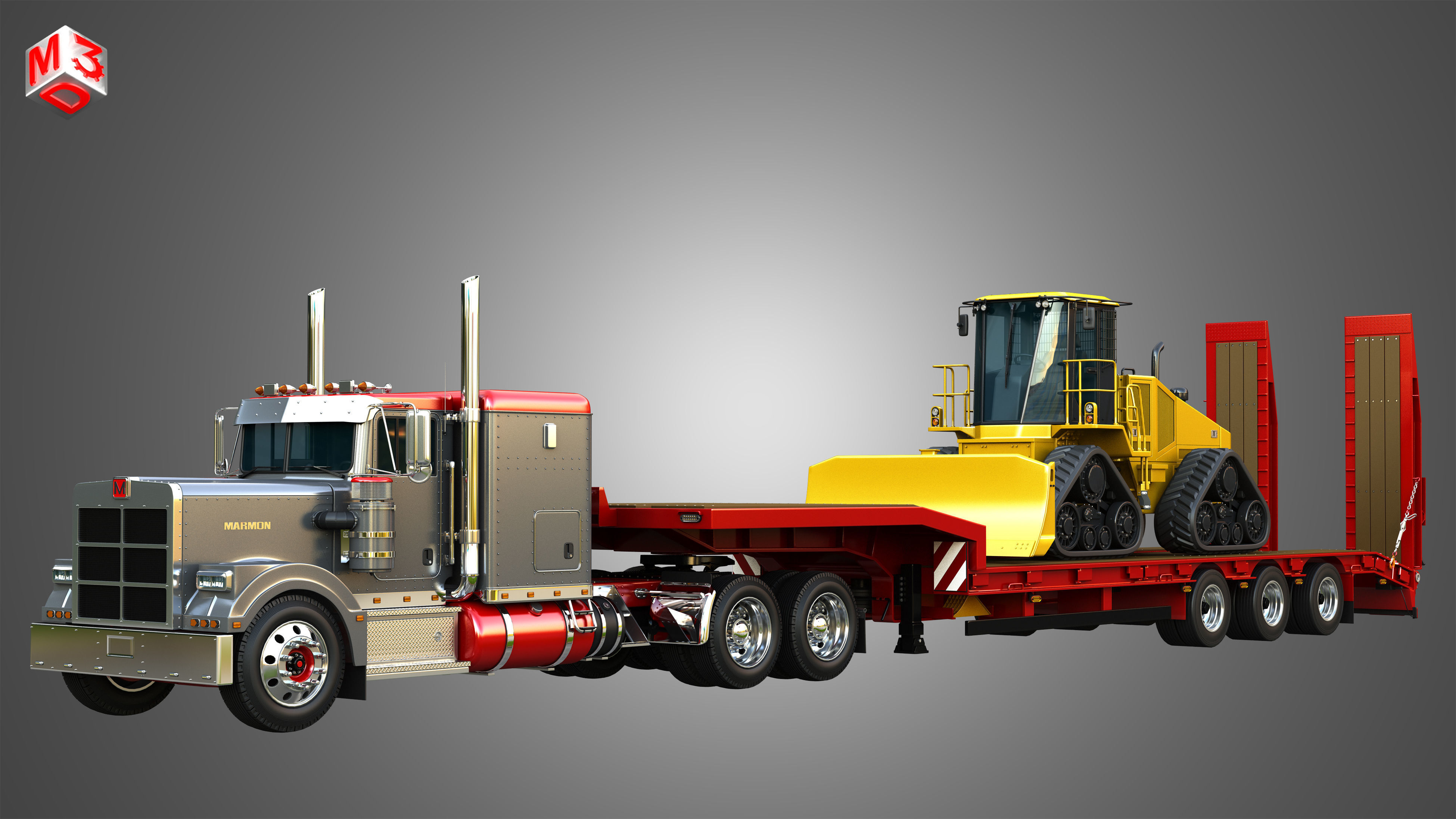 57P Semi Truck with JD - 764 High Speed Dozer 3 in 1 3D Model Collection_1