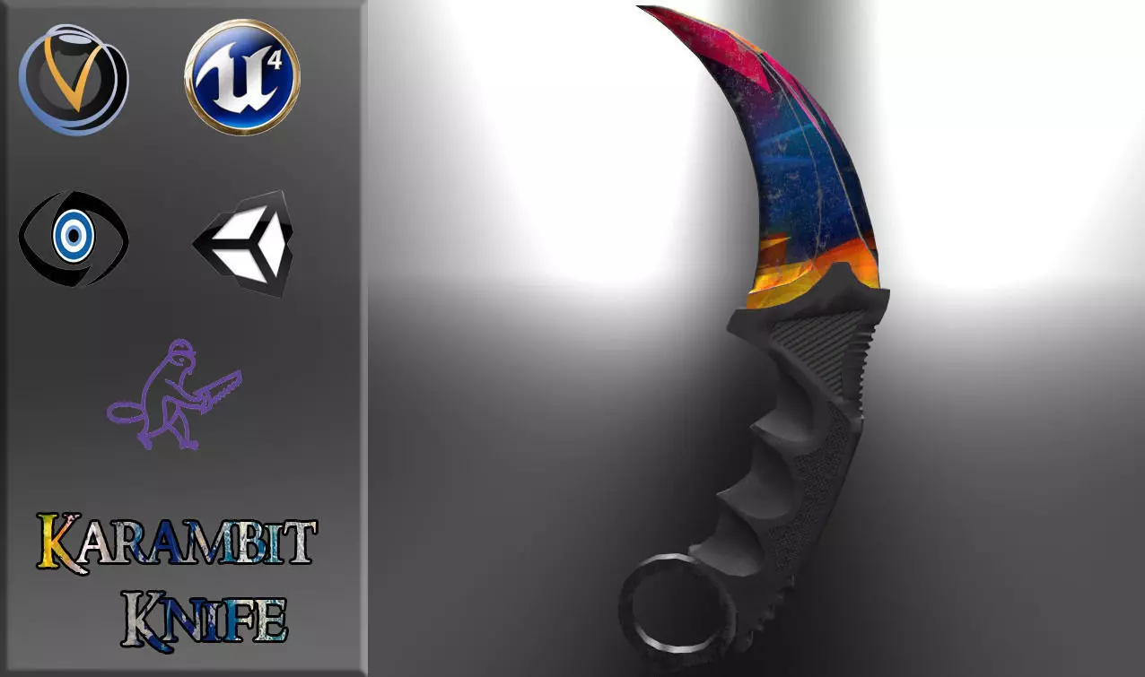 Karambit Knife Colorful Diamonds Style Low-poly 3D model_0