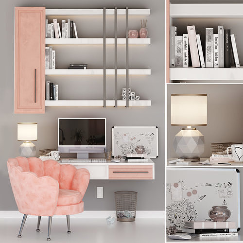 Writing desk and workplace decor for girls 3D model