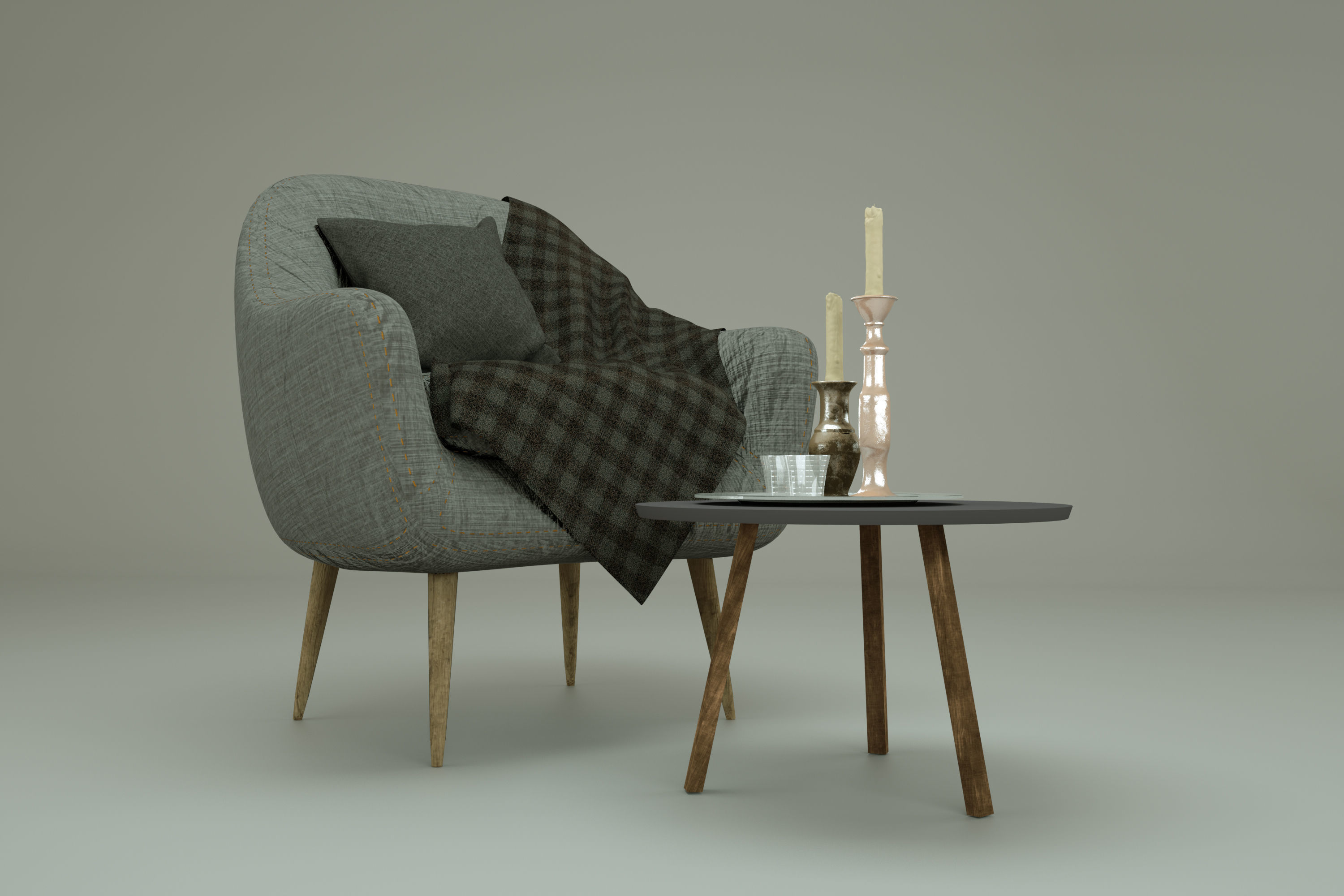 Chair and table with candle 3D model_2