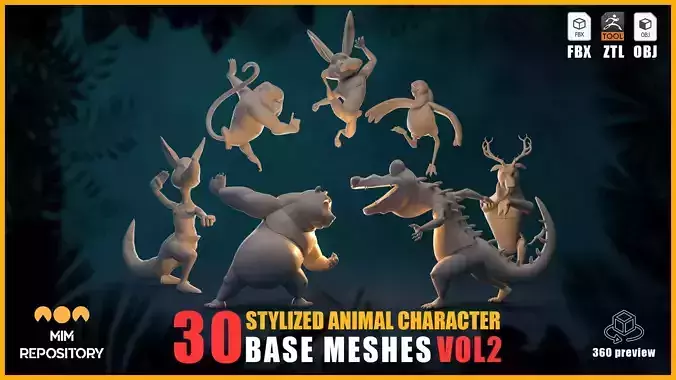 30 Stylized Animal Character Base Meshes - VOL 2 - Update 2025 3D model