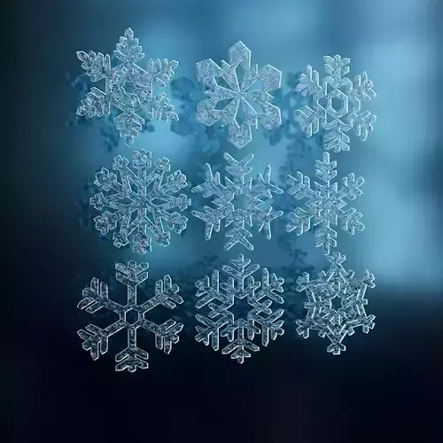 Set of glass glowing snowflakes Low-poly 3D model