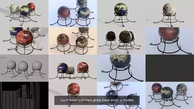 Earth moon and mars globe maps pack