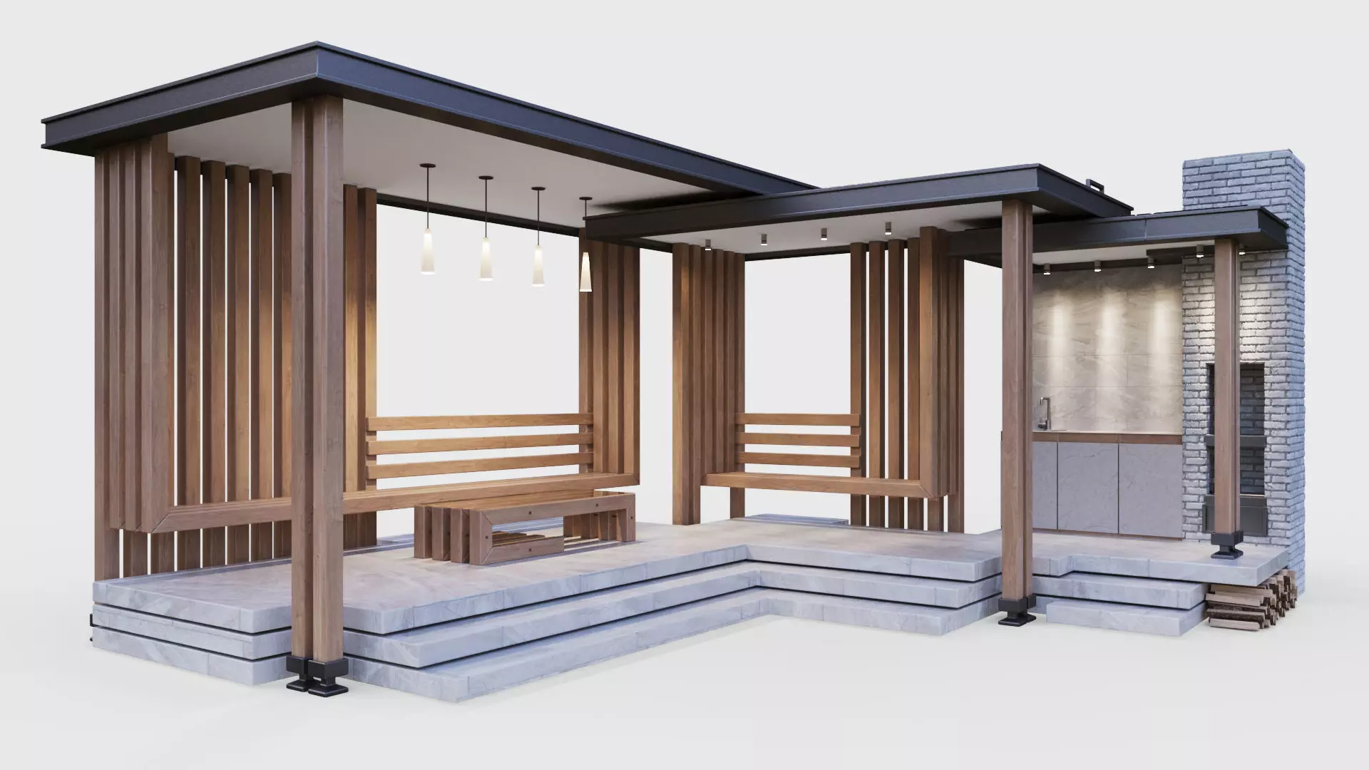 Gazebo with summer kitchen and multi-level roof 3D model_0