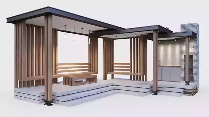 Gazebo with summer kitchen and multi-level roof 3D model