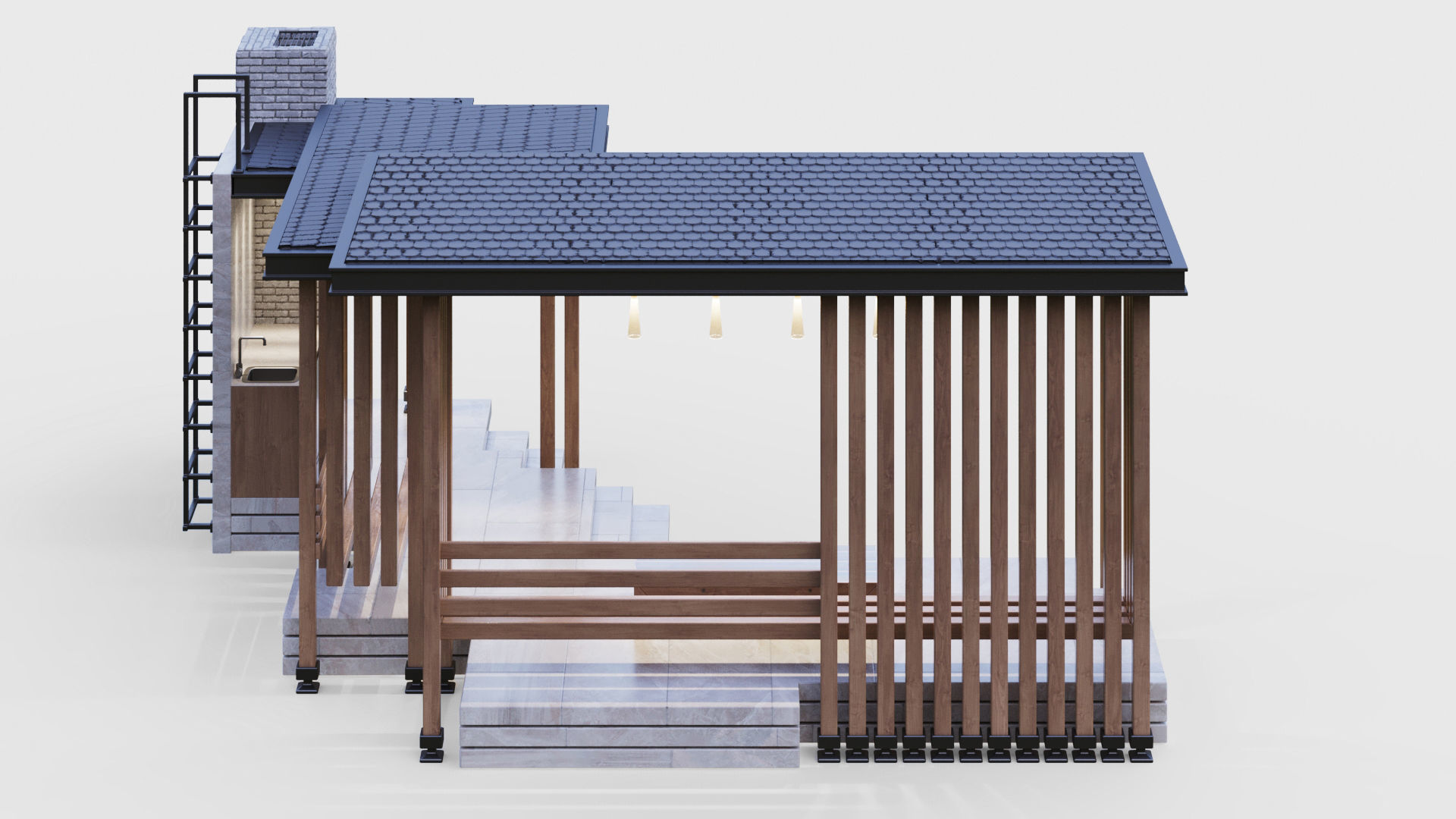 Gazebo with summer kitchen and multi-level roof 3D model_11