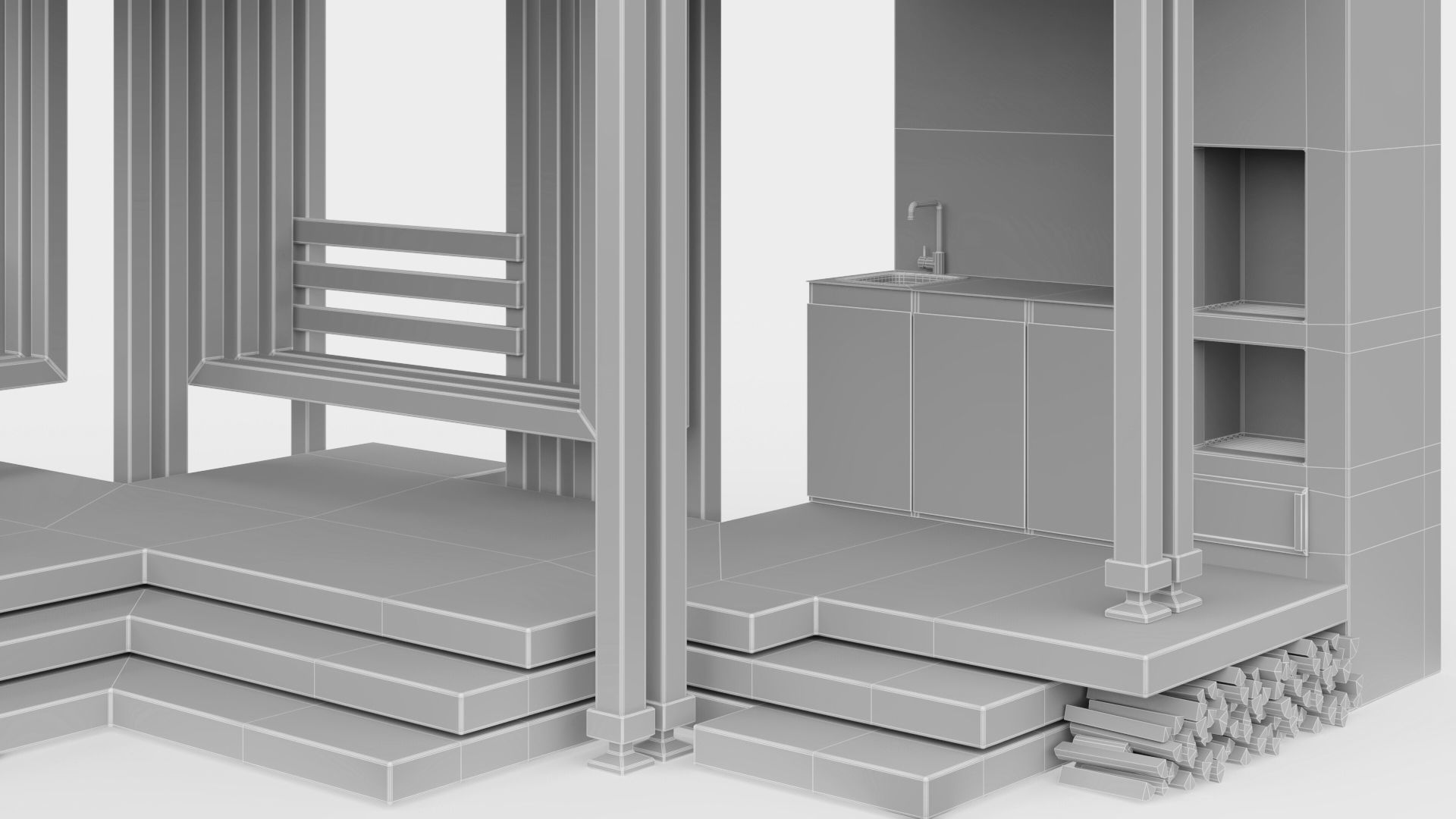 Gazebo with summer kitchen and multi-level roof 3D model_38