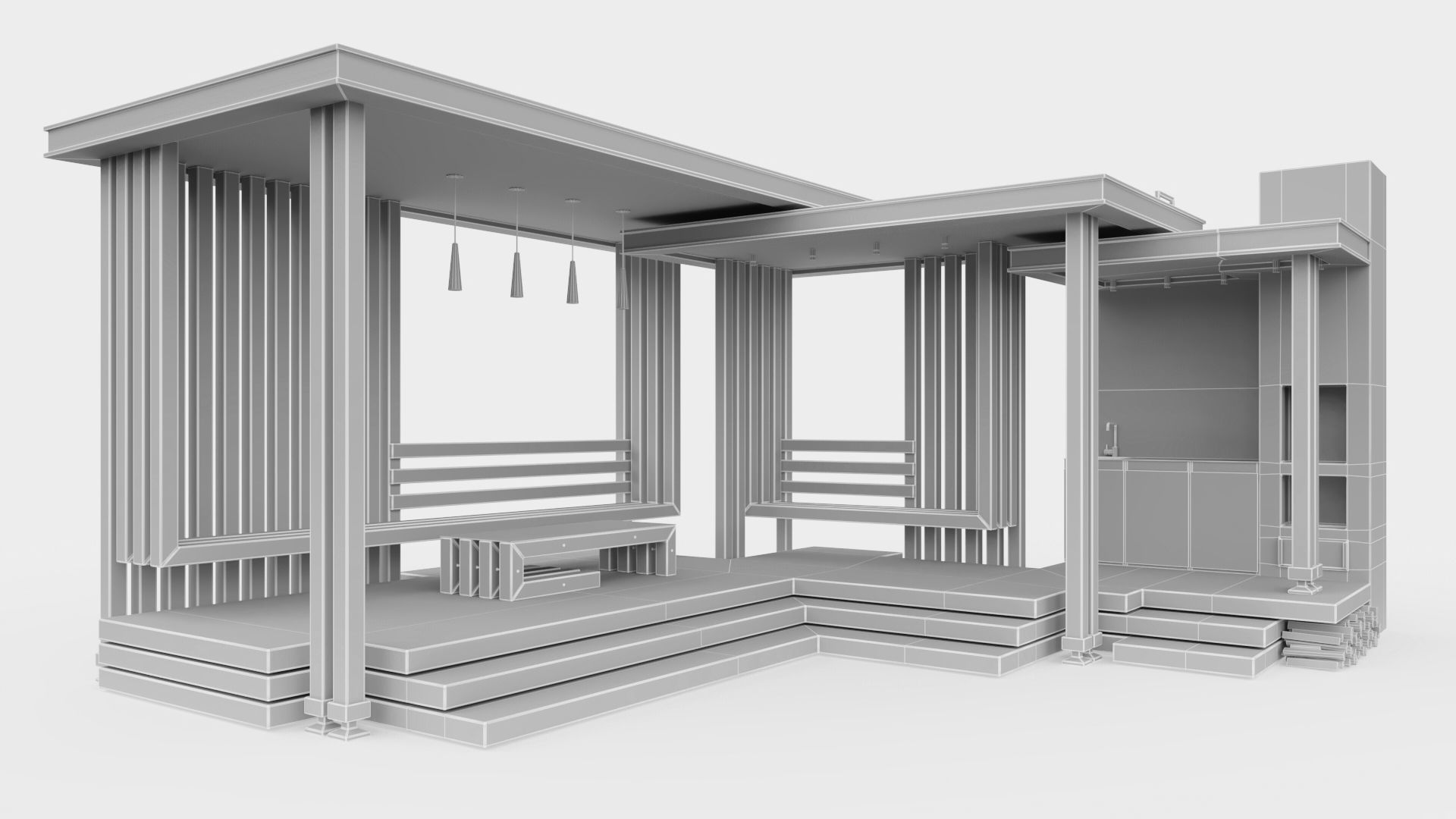 Gazebo with summer kitchen and multi-level roof 3D model_26