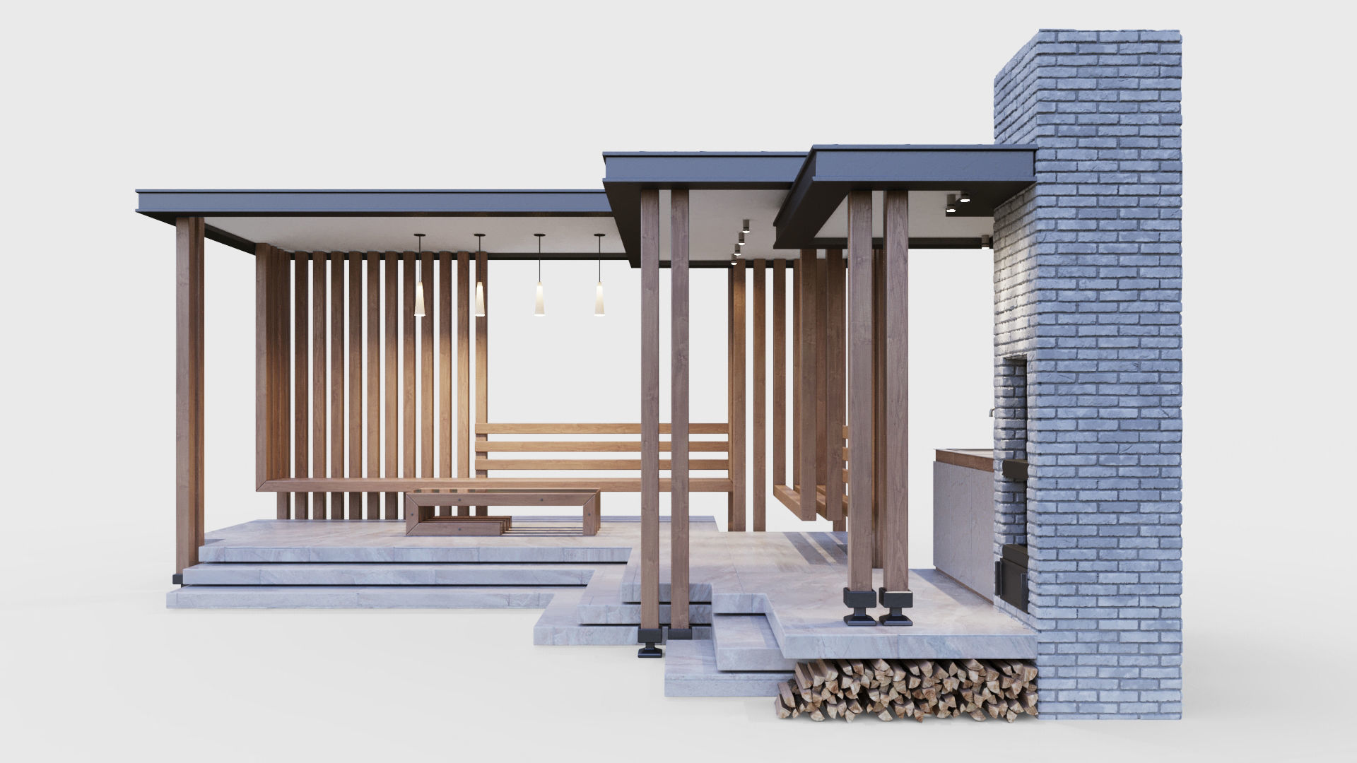 Gazebo with summer kitchen and multi-level roof 3D model_2