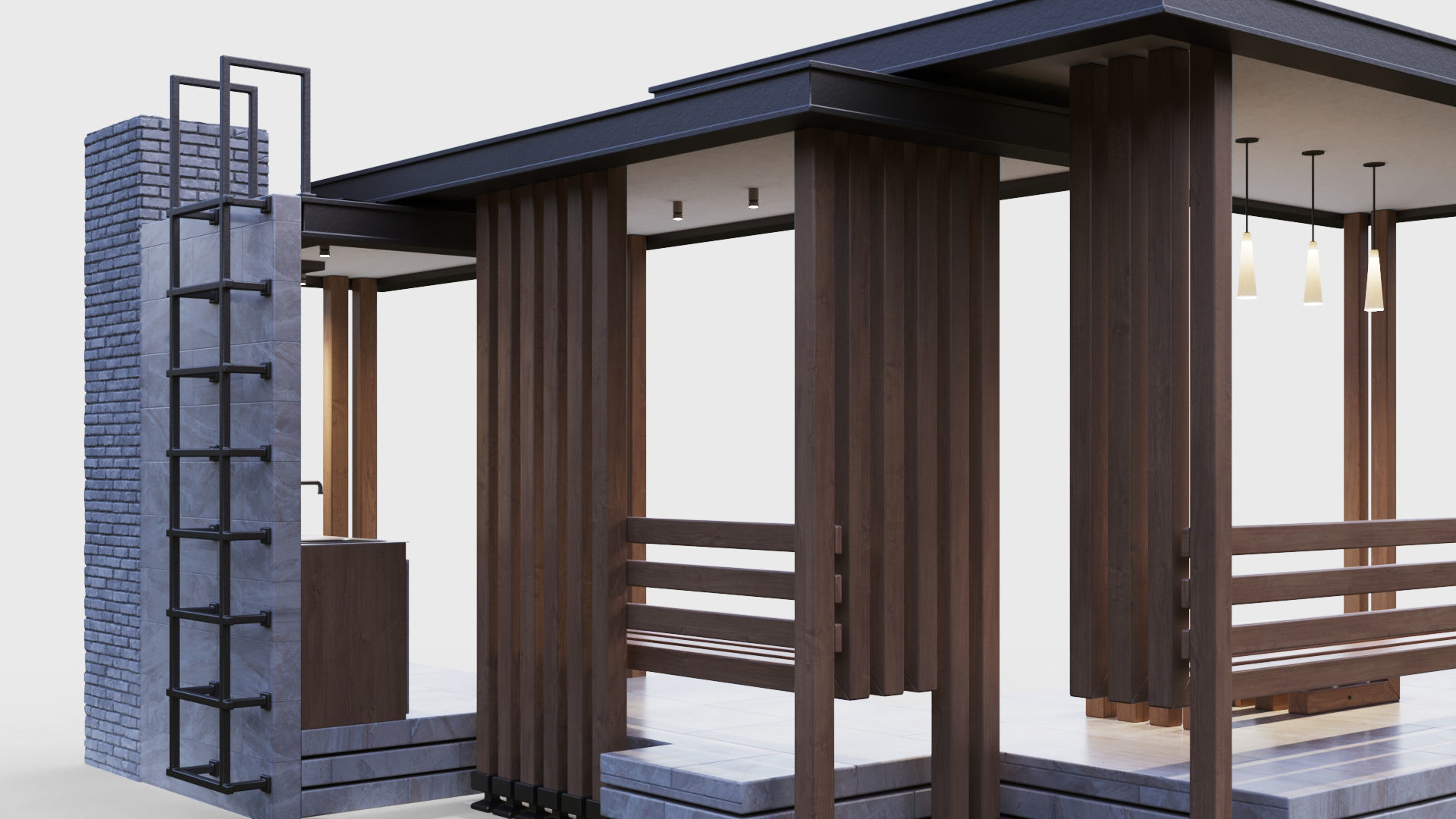 Gazebo with summer kitchen and multi-level roof 3D model_17