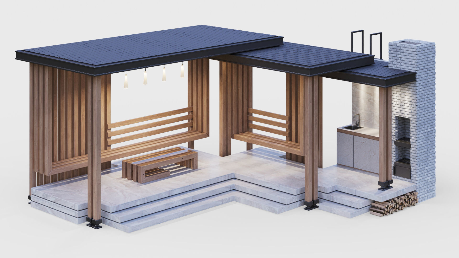 Gazebo with summer kitchen and multi-level roof 3D model_8