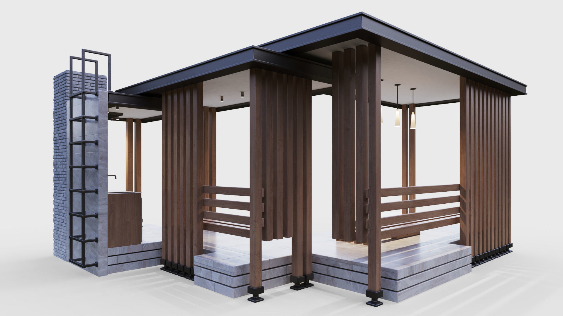 Gazebo with summer kitchen and multi-level roof 3D model_5