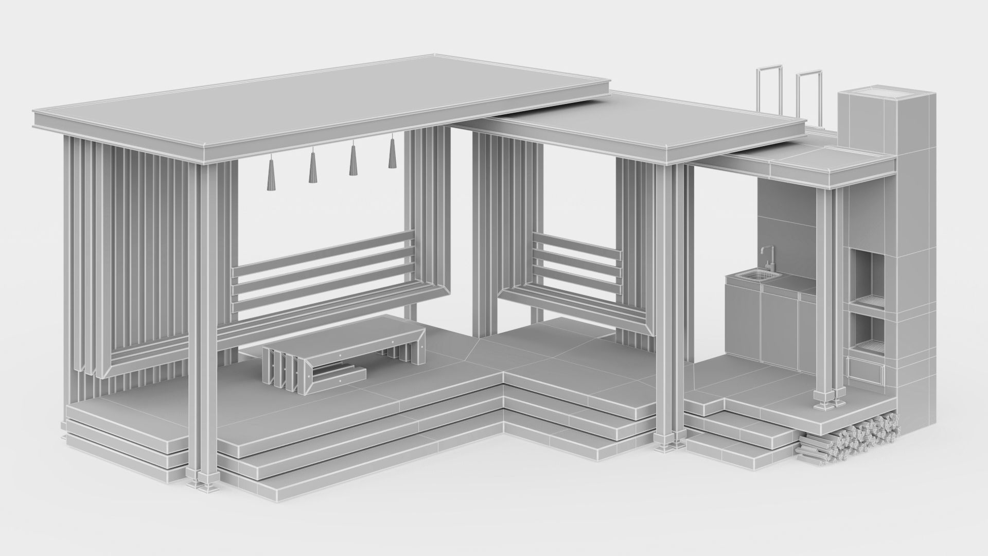 Gazebo with summer kitchen and multi-level roof 3D model_33