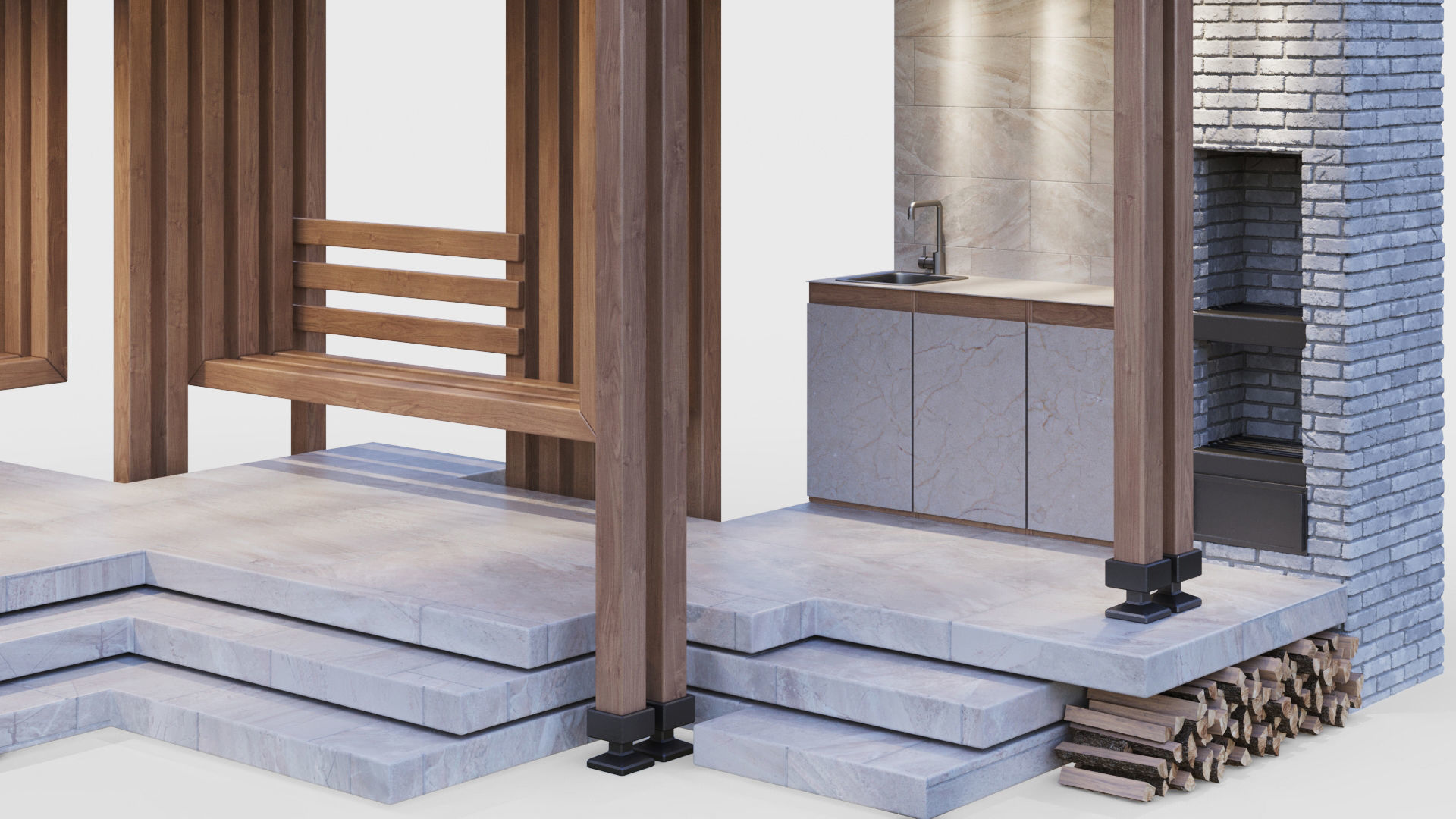 Gazebo with summer kitchen and multi-level roof 3D model_13