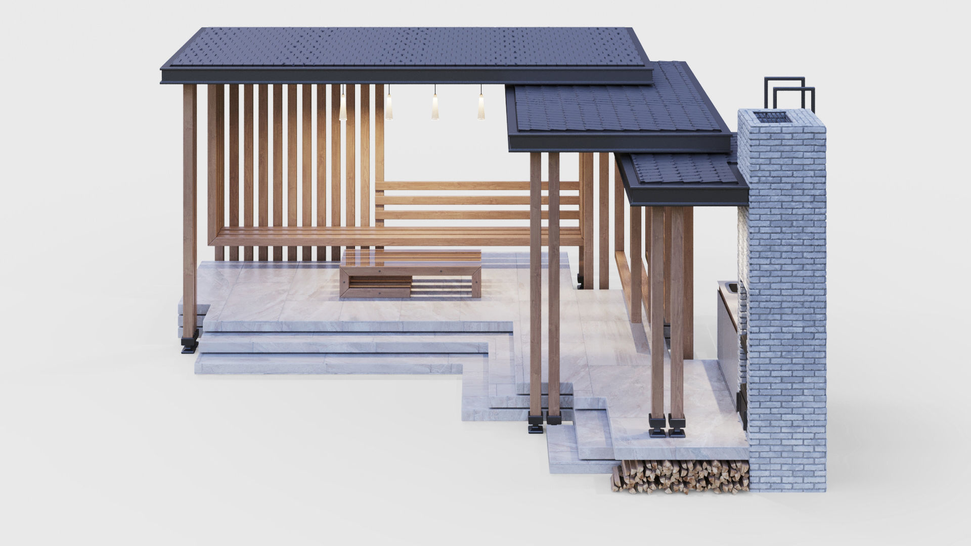 Gazebo with summer kitchen and multi-level roof 3D model_18