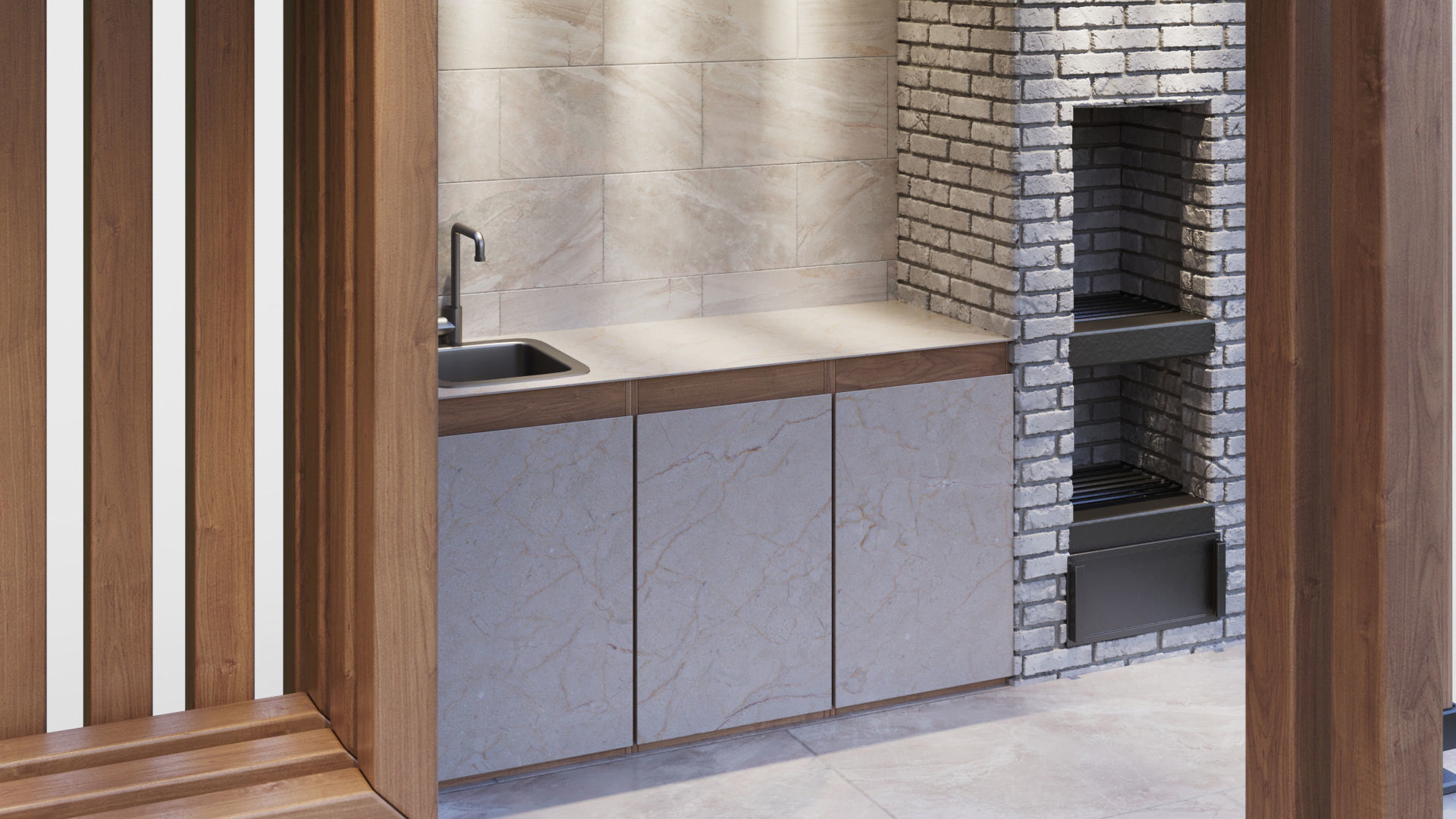 Gazebo with summer kitchen and multi-level roof 3D model_15