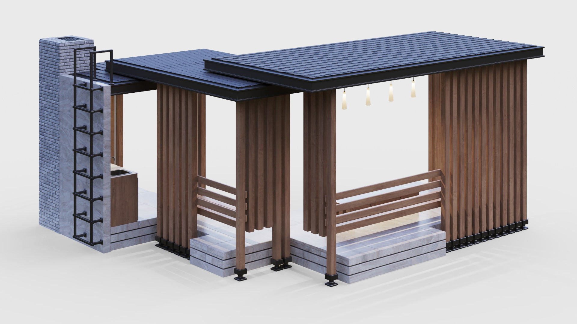 Gazebo with summer kitchen and multi-level roof 3D model_10