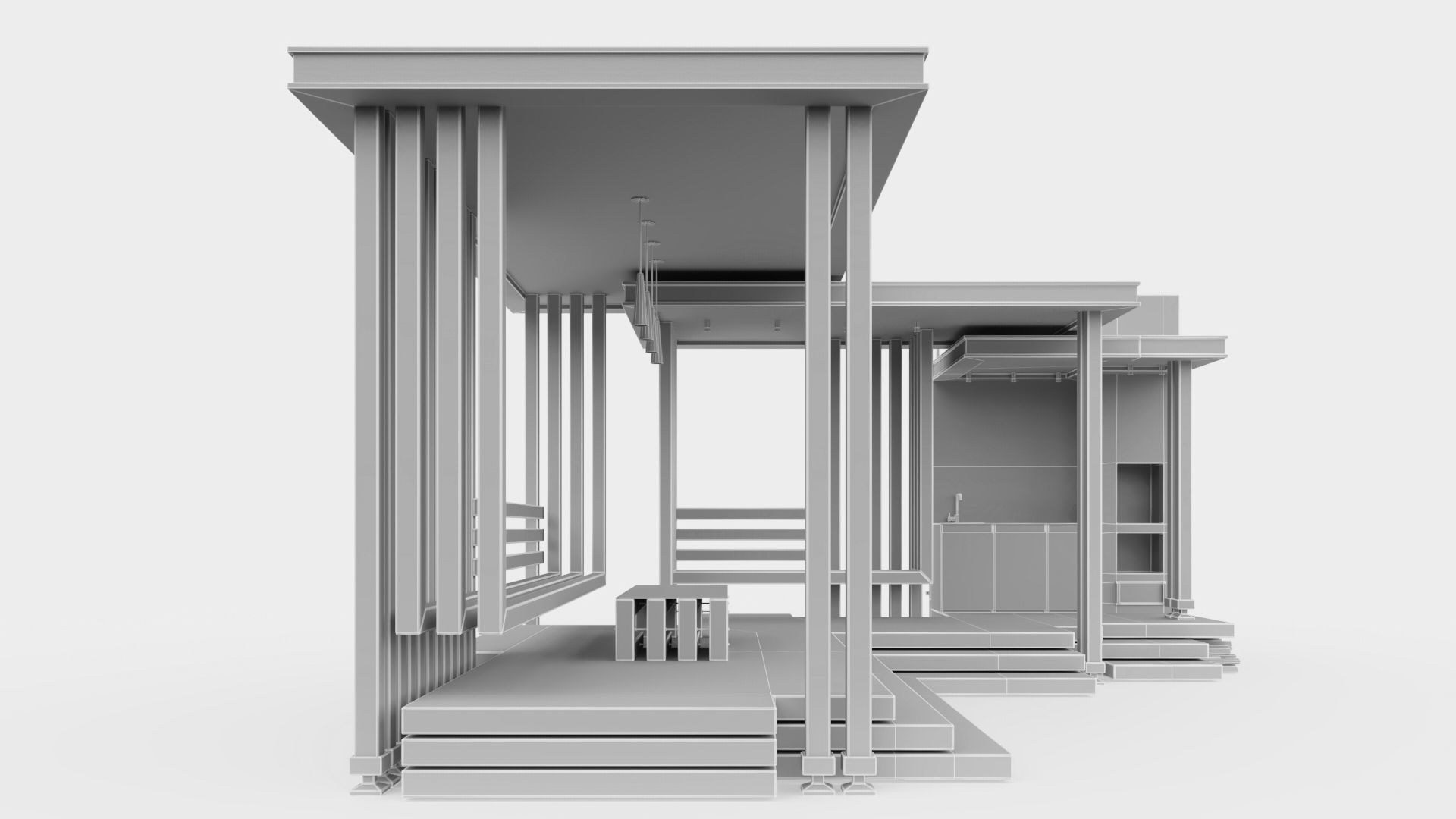 Gazebo with summer kitchen and multi-level roof 3D model_25
