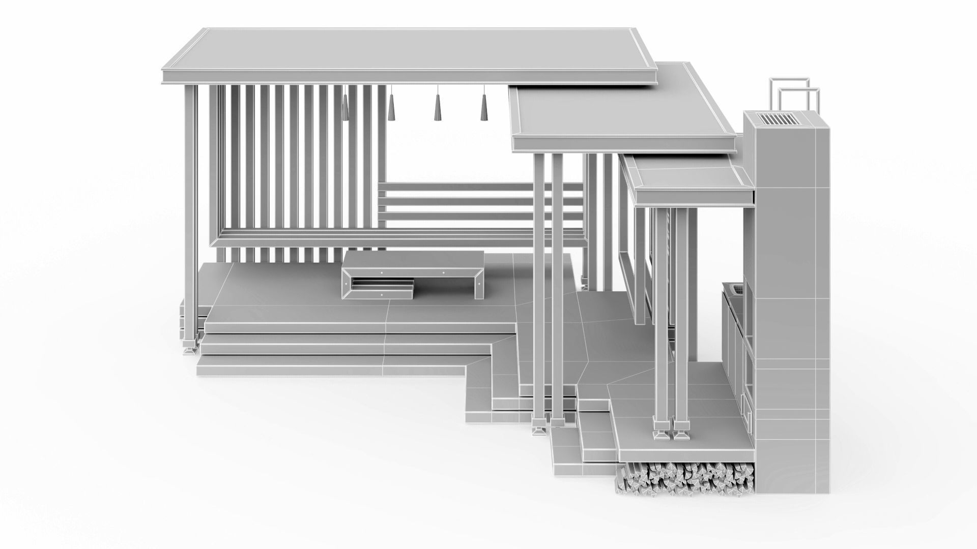 Gazebo with summer kitchen and multi-level roof 3D model_43