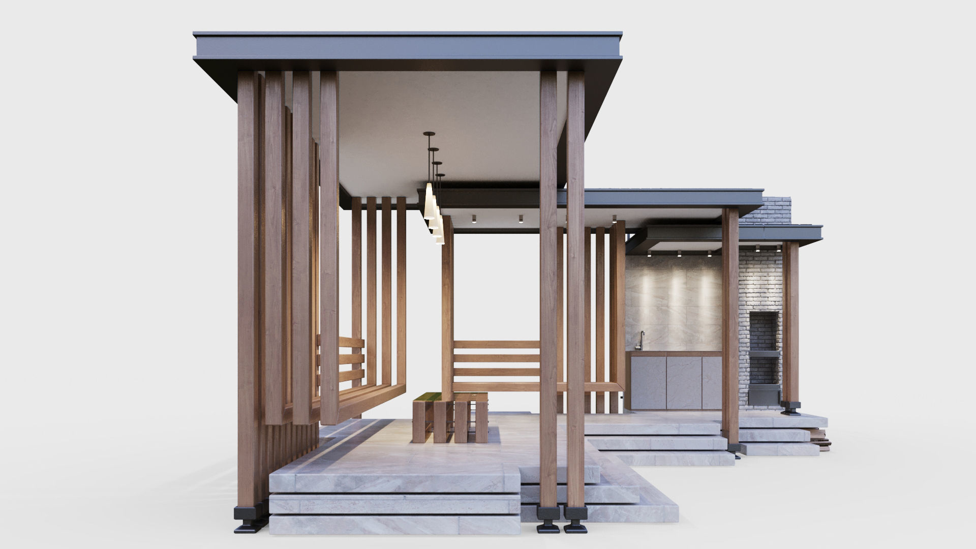 Gazebo with summer kitchen and multi-level roof 3D model_1