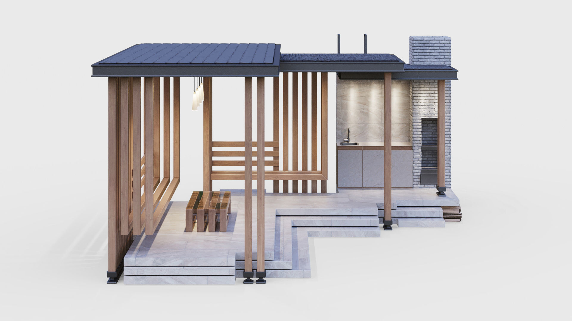 Gazebo with summer kitchen and multi-level roof 3D model_12