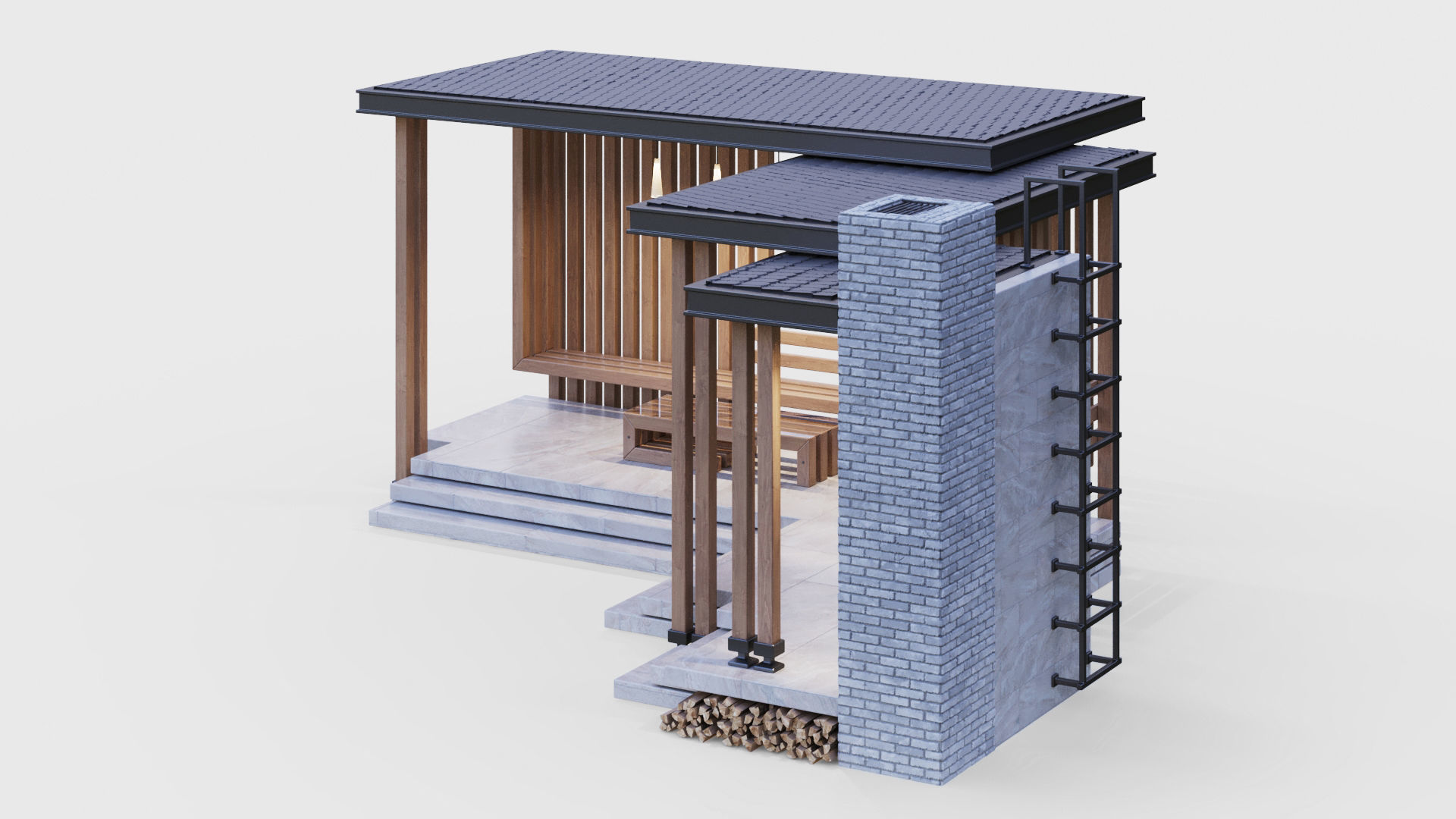 Gazebo with summer kitchen and multi-level roof 3D model_9