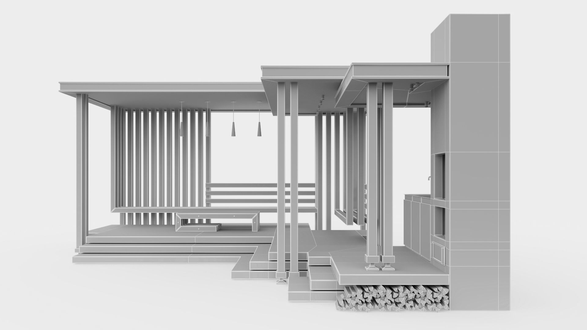 Gazebo with summer kitchen and multi-level roof 3D model_27