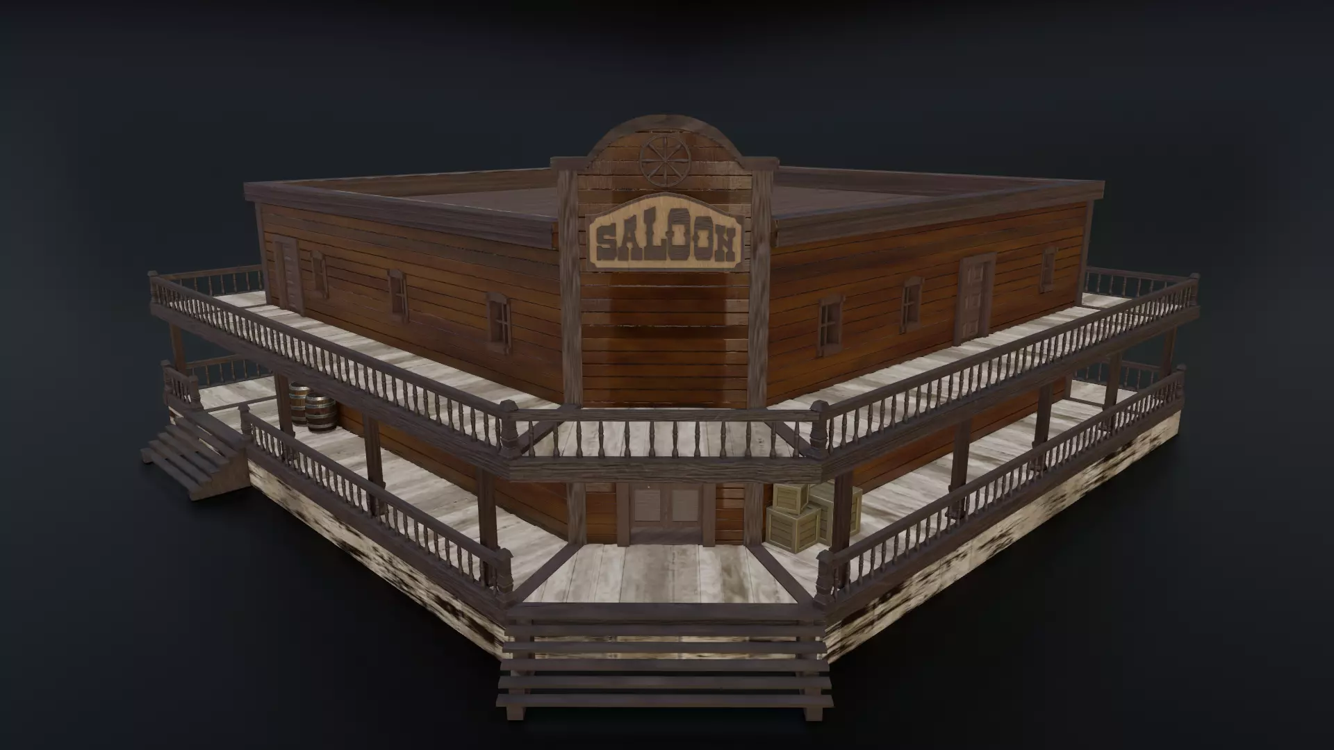 Western Saloon with Interior  Low-poly 3D model_0